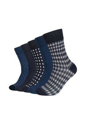 Fünf Paar Socken bis zur Mitte der Wade in Blautönen und Schwarz mit Mustern: einfarbig, kleine Punkte, Rautenmuster und Argyle-Design.