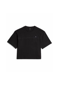 Černé zkrácené tričko vyrobené z bavlny. Má krátké rukávy a kulatý výstřih. Na přední straně je malá logo a kontrastní prošívání.