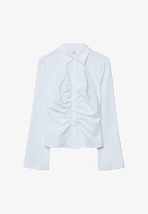 Chemise blanche à manches longues avec boutons, col pointu et détail froncé plissé au centre avant.