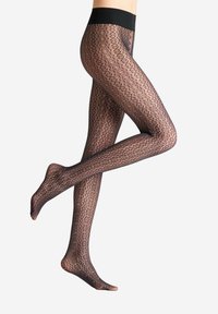 Collant neri con motivo floreale, texture liscia, materiale opaco e ampia vita per comfort e supporto.