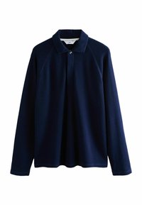 Navy long-sleeve polo shirt made of textured fabric, featuring a ribbed collar, button placket, and raglan sleeves for a relaxed fit.