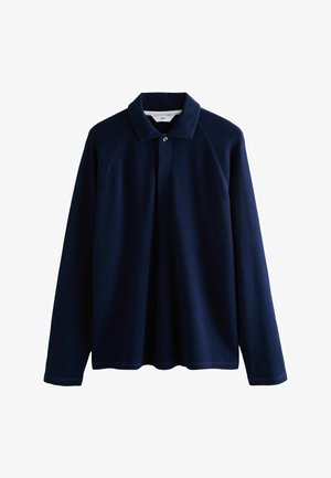 Navy-langärmliges Polohemd aus strukturiertem Stoff, mit einem gerippten Kragen, Knopfleiste und Raglanärmeln für eine lässige Passform.