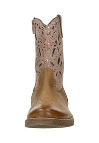Brown leather ankle boot with a light pink perforated upper. Features decorative cutouts and a slightly pointed toe. Stitched accents visible.