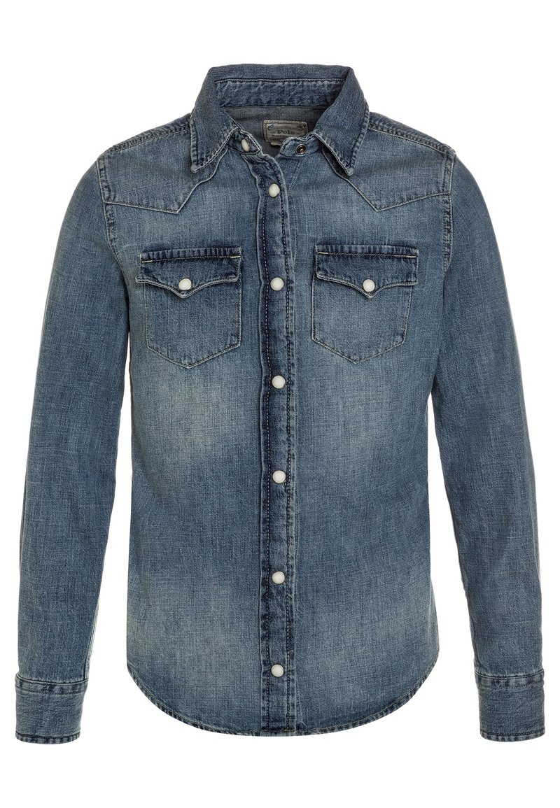 Denim Hemd mit Knöpfen, blaue Farbe, lange Ärmel, zwei Brusttaschen mit Knopfklappen, klassischer Kragen, leichte Abnutzungsspuren, taillierte Passform.