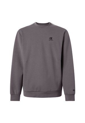 Sudadera gris con mangas largas, puños acanalados y cuello redondo. Presenta un pequeño logo negro en el pecho y detalle de bolsillo en la parte delantera.