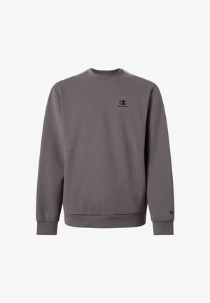 Sudadera gris con mangas largas, puños acanalados y cuello redondo. Presenta un pequeño logo negro en el pecho y detalle de bolsillo en la parte delantera.