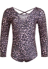 Pitkähihaisessa bodysuitissa on pyöreä pääntie, ja siinä on violetti-musta leopardikuvio sekä ristikkäiset takahihnat. Materiaali on kevyttä.
