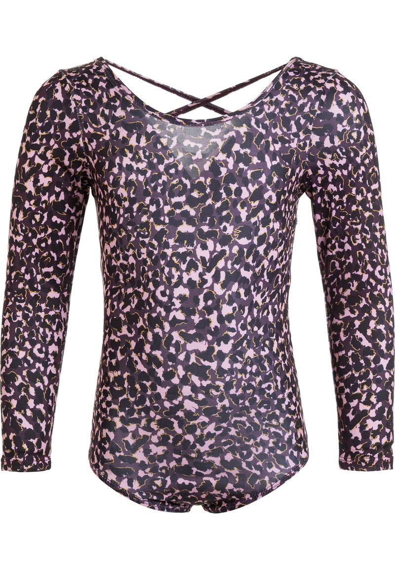 Pitkähihaisessa bodysuitissa on pyöreä pääntie, ja siinä on violetti-musta leopardikuvio sekä ristikkäiset takahihnat. Materiaali on kevyttä.