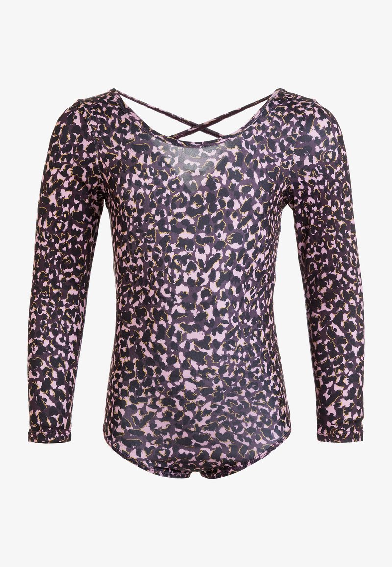 Langarm-Body mit Rundhalsausschnitt, der ein lila und schwarzes Leopardenmuster aufweist und über Kreuz tragbare Träger hat. Hergestellt aus einem leichtem Material.