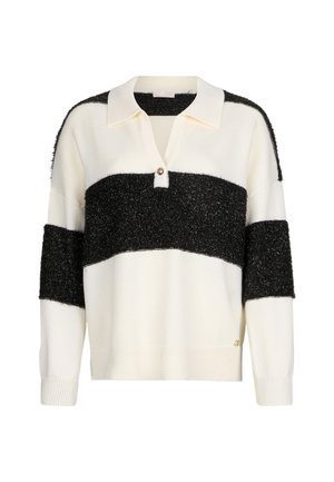 Maglione lavorato a maglia con scollo a collo, caratterizzato da strisce orizzontali alternate bianche e nere. Include un dettaglio con bottoni e tessuto strutturato.