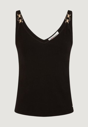 Top nero senza maniche a coste con scollo a V e dettagli a doppio anello in tono oro sulle spalline.