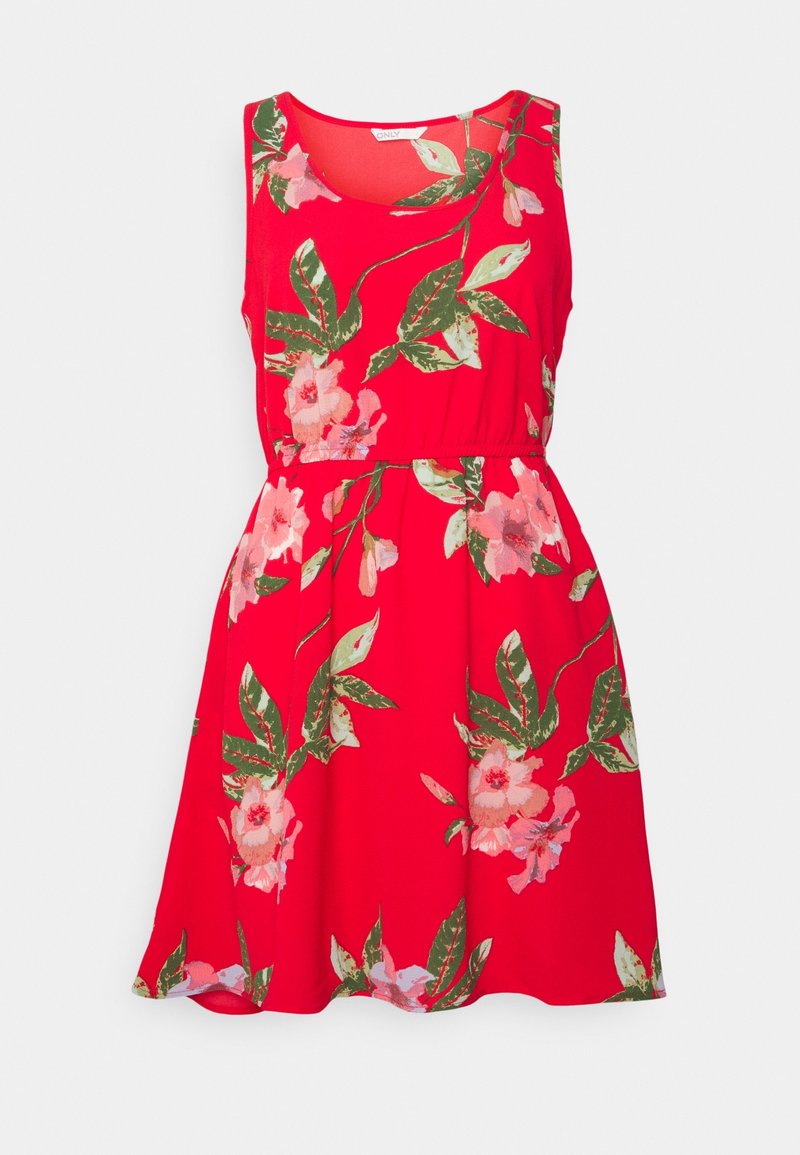 Robe rouge sans manches avec un motif floral comprenant des fleurs roses et des feuilles vertes. Tissu doux, taille élastique, jupe évasée.