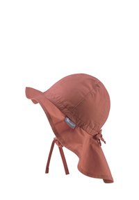 Leichter roter Sonnenhut mit breiter Krempe, verstellbaren Bändern und weichem Stoff. Hat ein Logo-Täfelchen an der Seite.