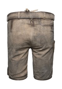Braune Lederhosen mit einer glatten Textur, ausgestattet mit einem gebundenen Bund und einer Seitentasche. Das Gesamtdesign ist schlicht und funktional.