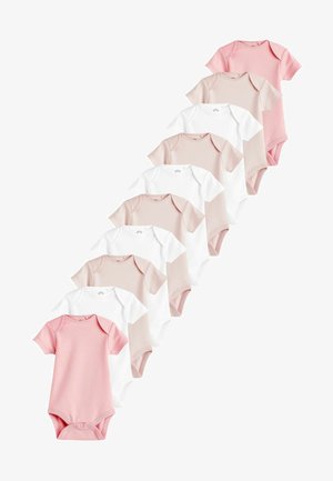 Set di dieci body per neonati in cotone morbido. I colori includono rosa, rosa chiaro e bianco. Presentano maniche corte e bottoni a pressione sul fondo.