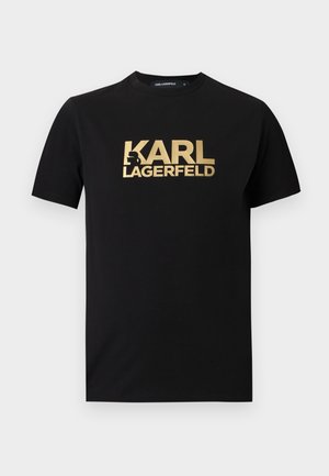 Must kuldse "KARL LAGERFELD" tekstiga ja silueti logoga ees keskel, lühikeste varrukatega must ümara kaelusega T-särk.