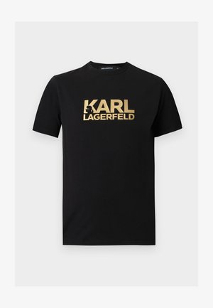 Must kuldse "KARL LAGERFELD" tekstiga ja silueti logoga ees keskel, lühikeste varrukatega must ümara kaelusega T-särk.