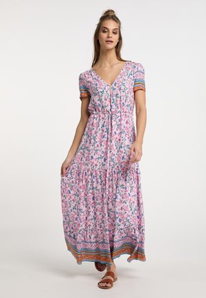 Rochie maxi florală din țesătură roz deschis, cu decolteu adânc în V, mâneci scurte și tiv stratificat cu modele de margine multicolore.