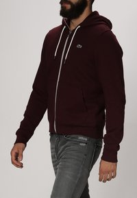 Burgundy zip-up hoodie med en framficka, vita dragsnören och broderad logga. Tillverkad av mjukt tyg, med långa ärmar och en avslappnad passform.