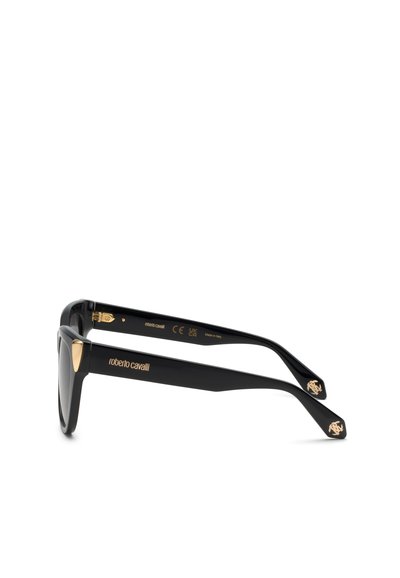 Lunettes de soleil rectangulaires noires avec accents dorés et logo Roberto Cavalli sur les branches, vues de côté sur fond blanc.