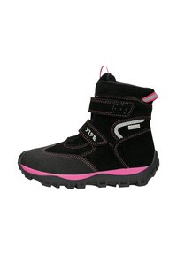 Stivali invernali per bambini neri e rosa realizzati in suede e gomma, con un design alto, due fascette in Velcro e una suola texturizzata per una migliore aderenza.