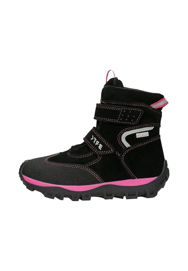 Stivali invernali per bambini neri e rosa realizzati in suede e gomma, con un design alto, due fascette in Velcro e una suola texturizzata per una migliore aderenza.