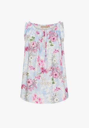 Blomstret ærmeløs top i lyseblåt stof med rosa og hvide blomstermønstre. Har rynket halsudskæring og detalje med knap foran.