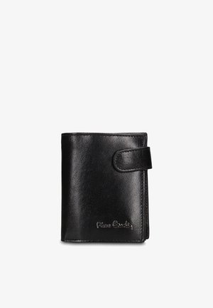 Zwarte lederen portemonnee met een gladde textuur, bi-fold ontwerp, druksluiting en geperst logo aan de voorkant. Compact en functioneel.