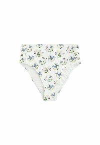 Slip bikini a vita alta in morbido tessuto bianco con stampa floreale multicolore. Presenta dettagli arricciati sui lati e una texture liscia.
