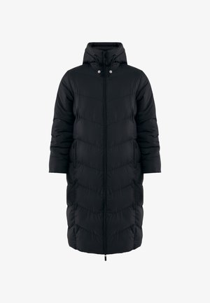 Abrigo de invierno largo y negro con almohadillado, capucha, cremallera frontal, cordones con puntas metálicas y bolsillos laterales.