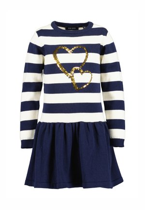 Mädchenkleid mit langen Ärmeln in Marineblau und Weiß gestreift, mit marineblauem Rock und zwei goldenen Paillettenherzen auf der Brust.