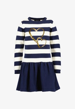 Mädchenkleid mit langen Ärmeln in Marineblau und Weiß gestreift, mit marineblauem Rock und zwei goldenen Paillettenherzen auf der Brust.