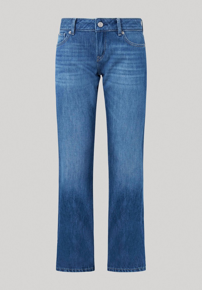 Blaue Jeans mit ausgeflockter Beinform und mittelhohem Bund. Besitzt leichte Ausbleichungen, fünf Taschen, einen Metallknopfverschluss und Gürtelschlaufen.