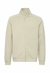 Light gray zip-up jacket with a high collar, raglan sleeves, ribbed cuffs, and hem, featuring a soft, textured fabric.