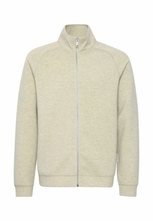 Lys grå zip-jakke med høy krage, raglanermer, ribbestrikkede mansjetter og kant, laget av et mykt, teksturert stoff.