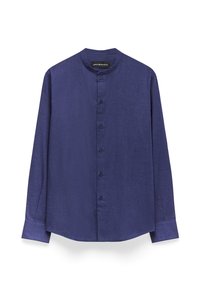 Camicia a maniche lunghe blu navy con colletto alla mandarino e chiusura con bottoni frontali. Tessuto testurizzato con un motivo sottile. Orlo dritto.