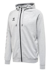 Grauer Kapuzenpullover mit Reißverschluss, verstellbaren Kordeln und schwarzen Akzenten. Besitzt Seitentaschen und gemusterte Details an den Ärmeln.