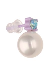 Cercei tip șurub cu perlă, având o perlă albă sferică mare, suport din plastic mov și o mică accentuare cu cristal albastru deasupra.