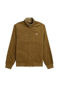 Giacca a zip in velluto a coste marrone con polsini e vita elasticizzati, caratterizzata da un piccolo logo a corona d'alloro bianco sul lato sinistro del petto.