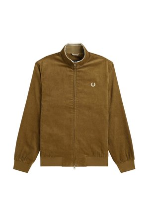 Giacca a zip in velluto a coste marrone con polsini e vita elasticizzati, caratterizzata da un piccolo logo a corona d'alloro bianco sul lato sinistro del petto.