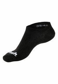 Schwarze Knöchelsocke mit gerippter Textur, versehen mit weißem Logo-Druck im Zehenbereich und einem niedrig geschnittenen Design für minimale Sichtbarkeit.
