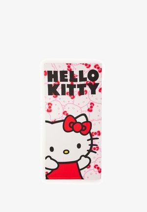 Quaderno di Hello Kitty con un gatto bianco con un fiocco rosso su uno sfondo rosa, decorato con piccoli motivi di Hello Kitty e testo nero in grassetto.