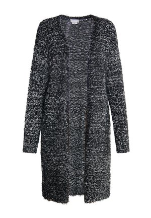 Cardigan long noir et blanc texturé avec un devant ouvert, des manches longues et un matériau doux et moelleux. Motif distinctif en taches sur l'ensemble.