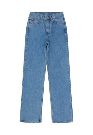 Light blue wide-leg jeans in denim fabric, featuring a high waist, five pockets, and copper-tone hardware with subtle whiskering details.