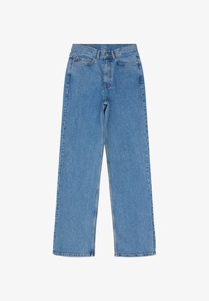 Light blue wide-leg jeans in denim fabric, featuring a high waist, five pockets, and copper-tone hardware with subtle whiskering details.