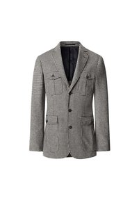 Double-breasted blazer in black and white houndstooth pattern, featuring two chest pockets and two side pockets, with a black lining.