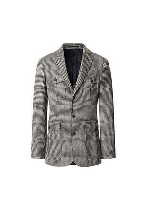 Doppelt gebundener Blazer im schwarz-weißen Hahnentritt-Muster, ausgestattet mit zwei Brusttaschen und zwei Seitentaschen, mit schwarzem Futter.