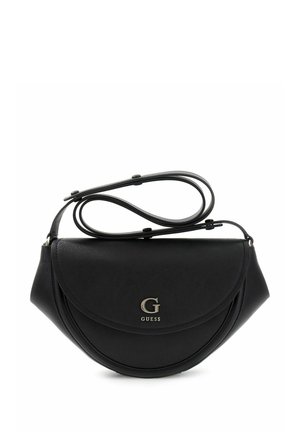 Sac bandoulière noir demi-lune avec sangle réglable, fermeture à rabat et logo "G" argenté avec le texte "GUESS" à l'avant.