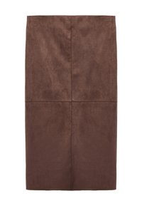 Jupe crayon en suède synthétique marron avec une texture lisse, longueur genoux, présentant un design simple sans matériel ou embellissements visibles.