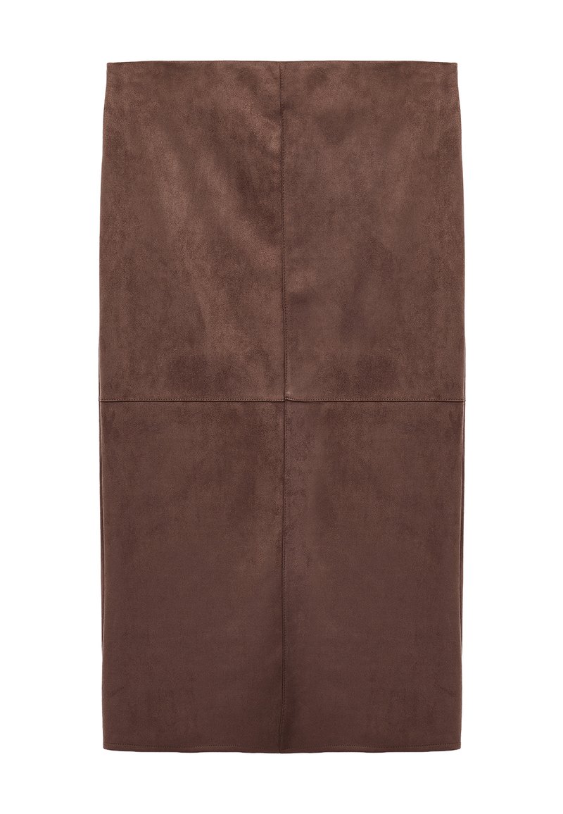 Jupe crayon en suède synthétique marron avec une texture lisse, longueur genoux, présentant un design simple sans matériel ou embellissements visibles.